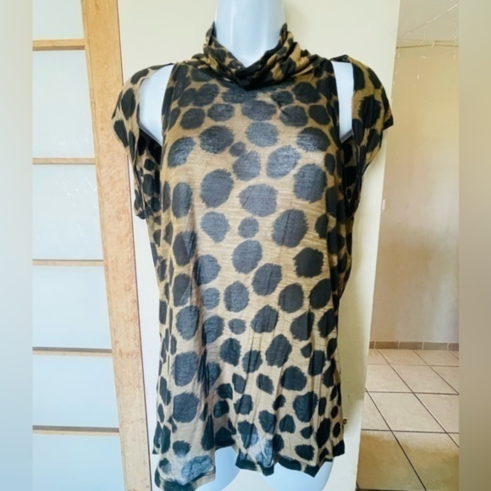 Hugo Boss Y2K Leopard Print Mock Neck Top XL Sheer Cap Sleeve Tunic